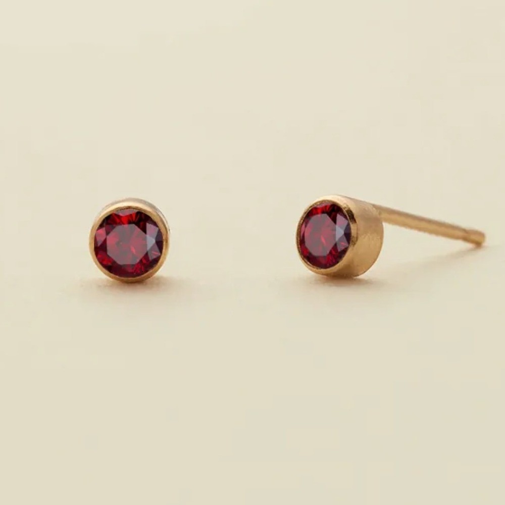 Gold Plated Faux Garnet Stud Earrings 4mm Red January Birthstone Stainless Steel